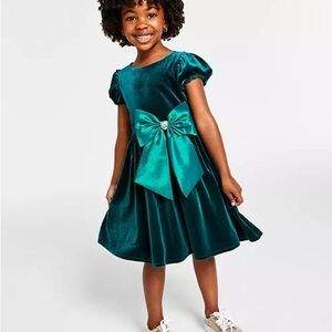 Rare Editions Teal Velvet Dress with Bow